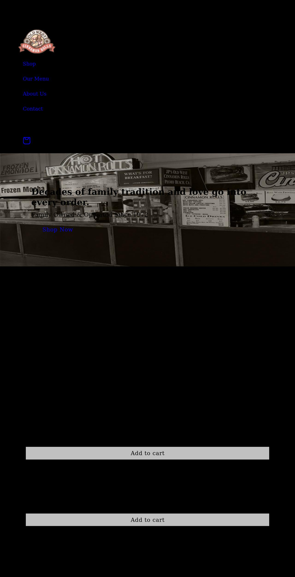 oldwestcinnamonrolls.com shopify website screenshot