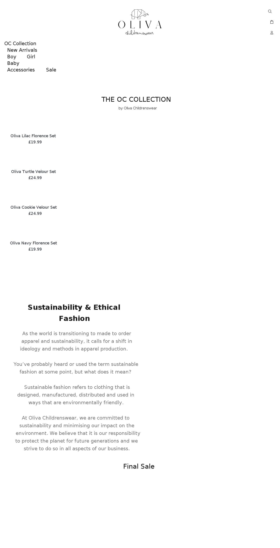 olivachildrenswear.co.uk shopify website screenshot