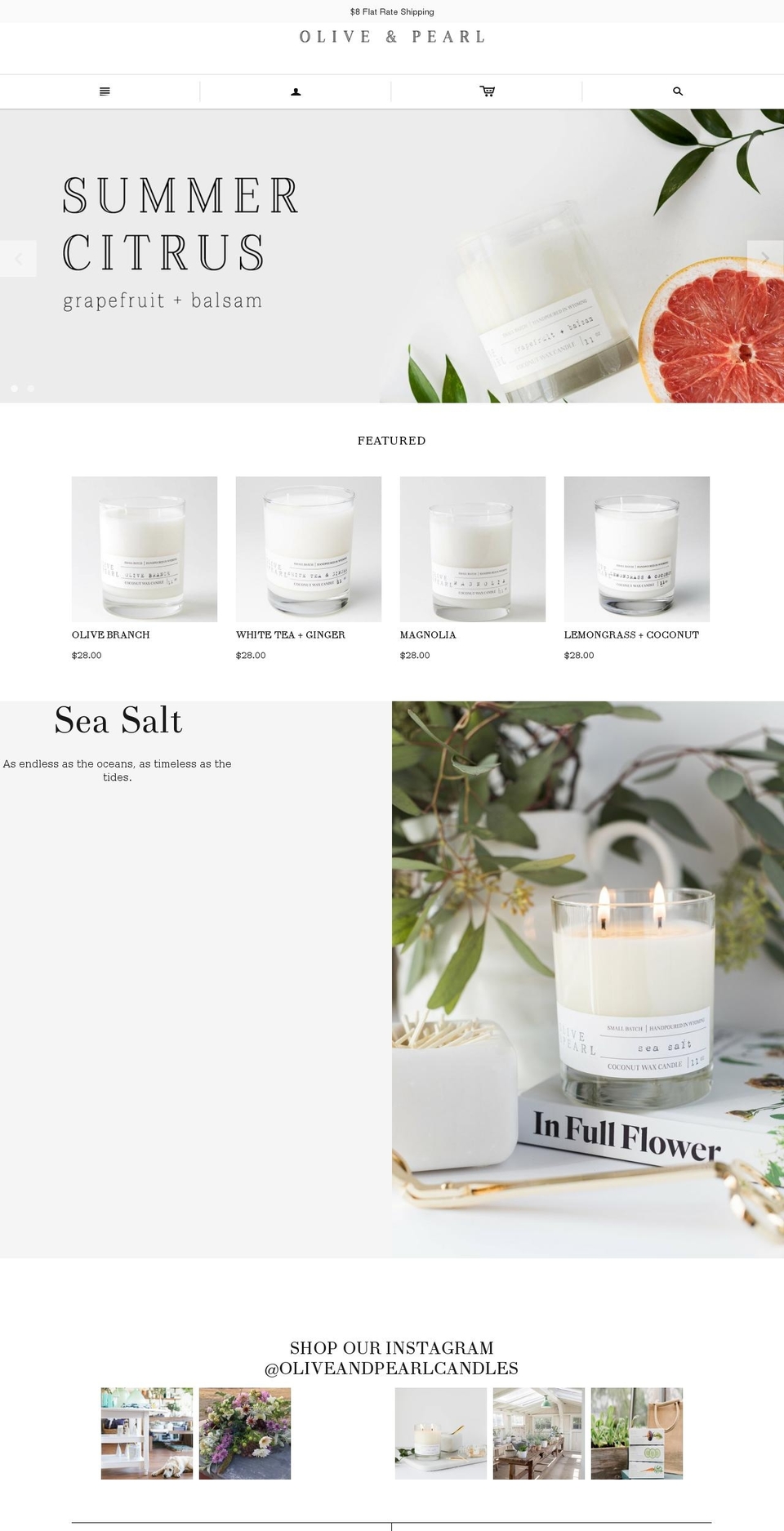 oliveandpearlcandles.com shopify website screenshot