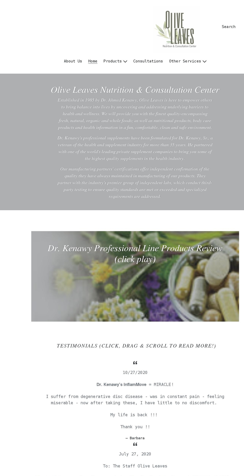 oliveleavesnutritionandconsulationcenter.com shopify website screenshot