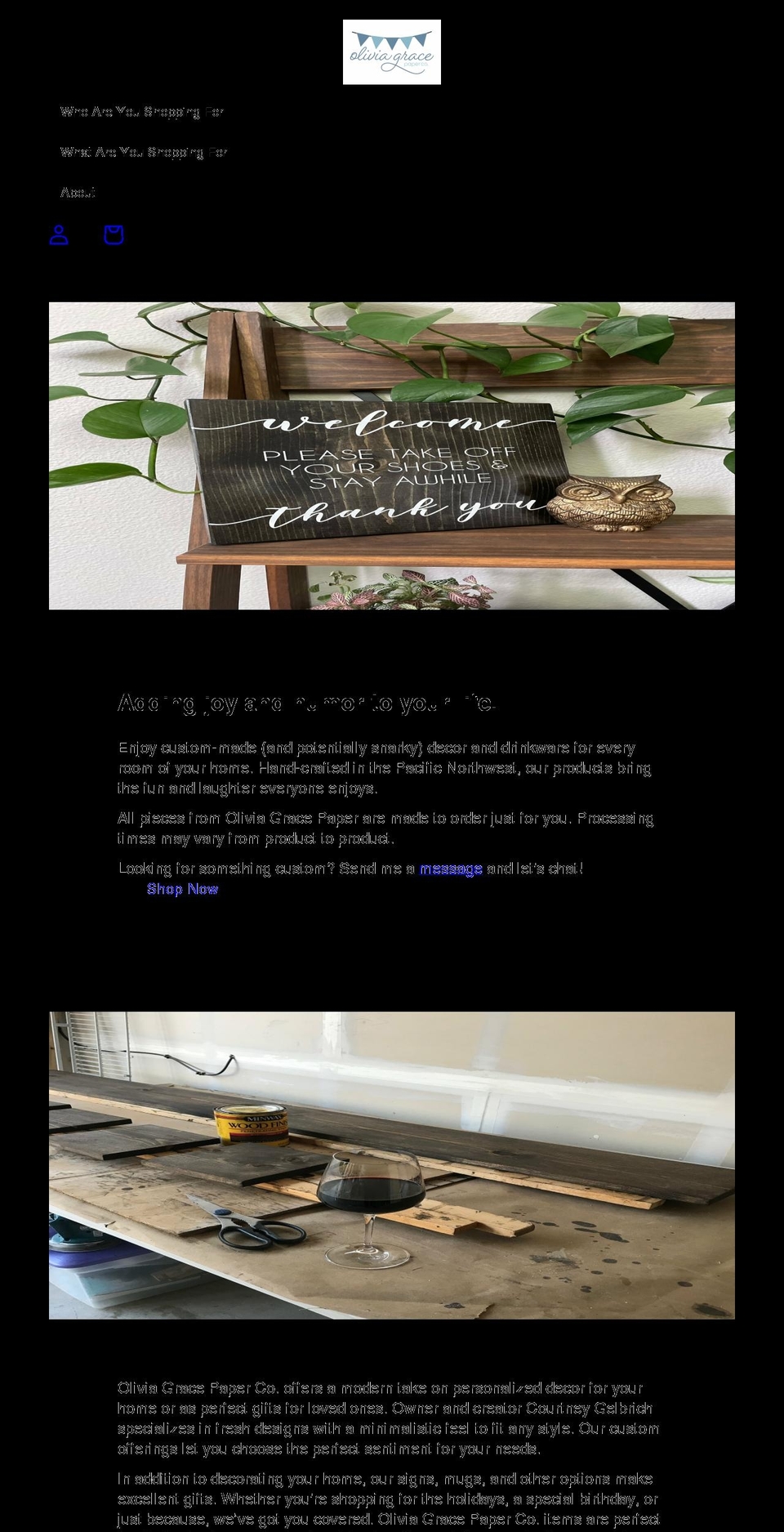 oliviagracepaper.com shopify website screenshot