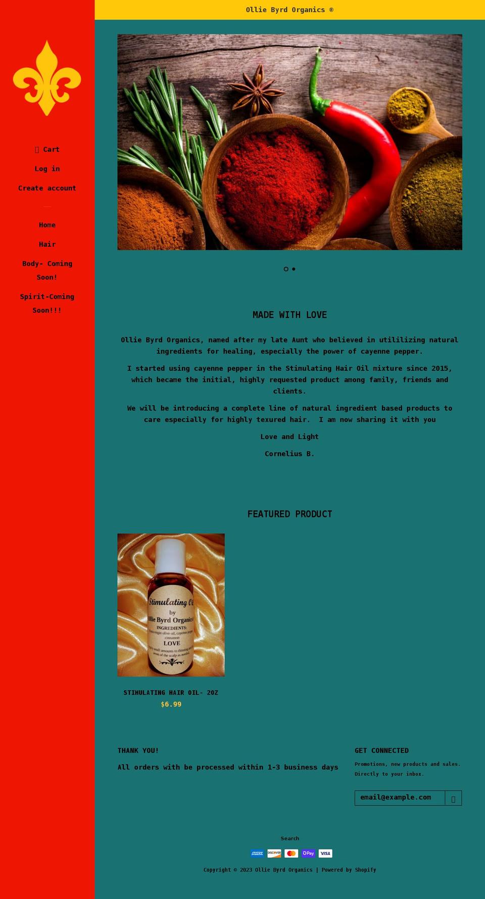 olliebyrdorganics.com shopify website screenshot
