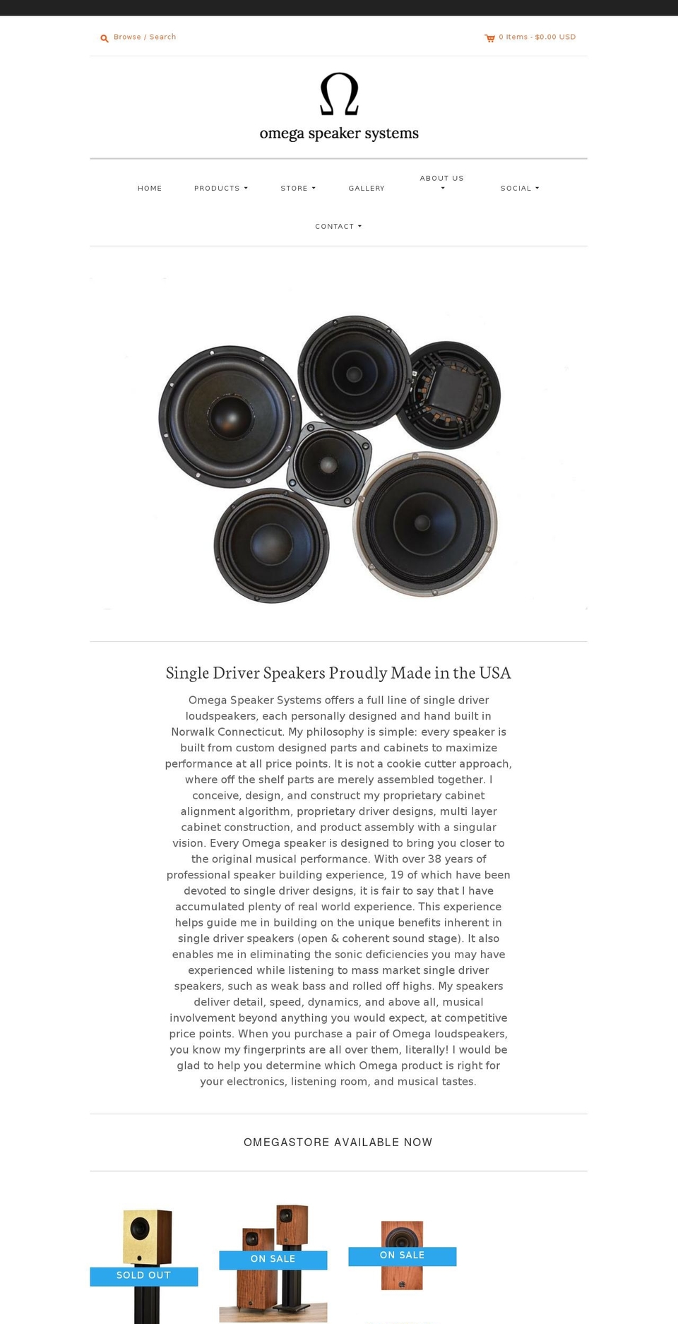 omegaspeakers.com — Shopify storefront screenshot