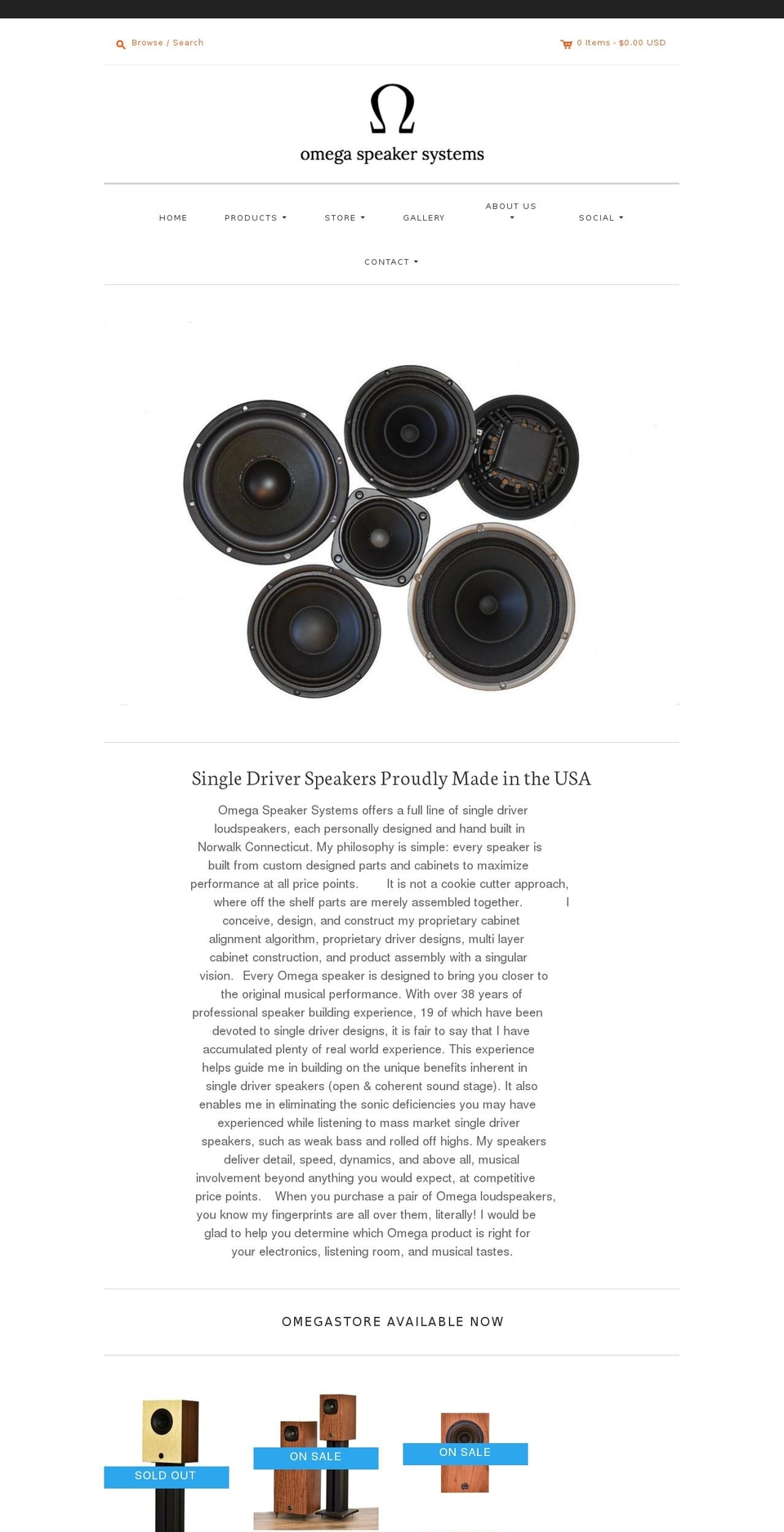 omegaspeakersystems.com shopify website screenshot