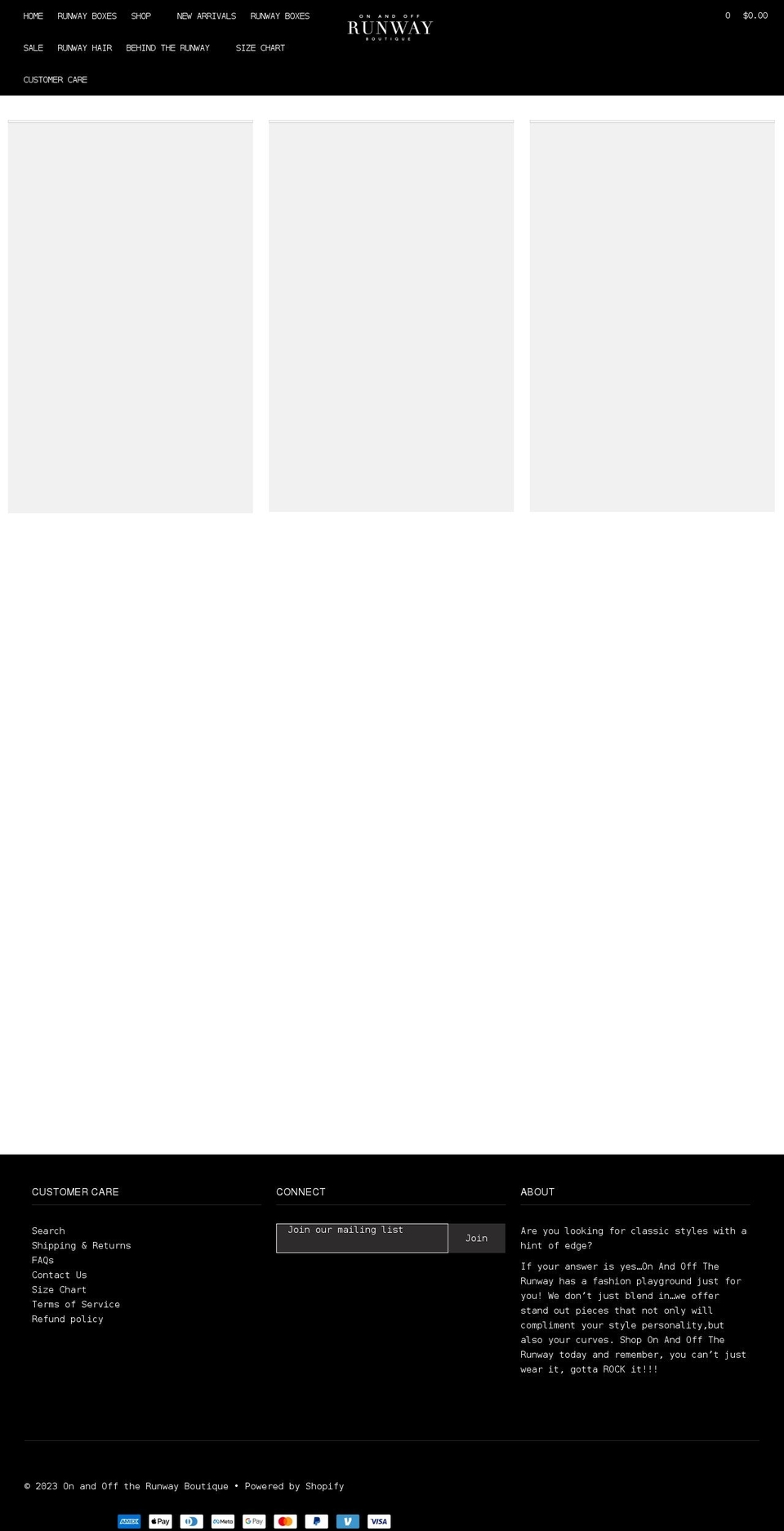 onandofftherunwayboutique.com shopify website screenshot