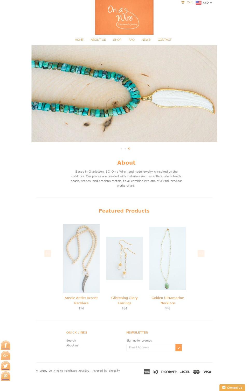 onawirehandmadejewelry.com shopify website screenshot