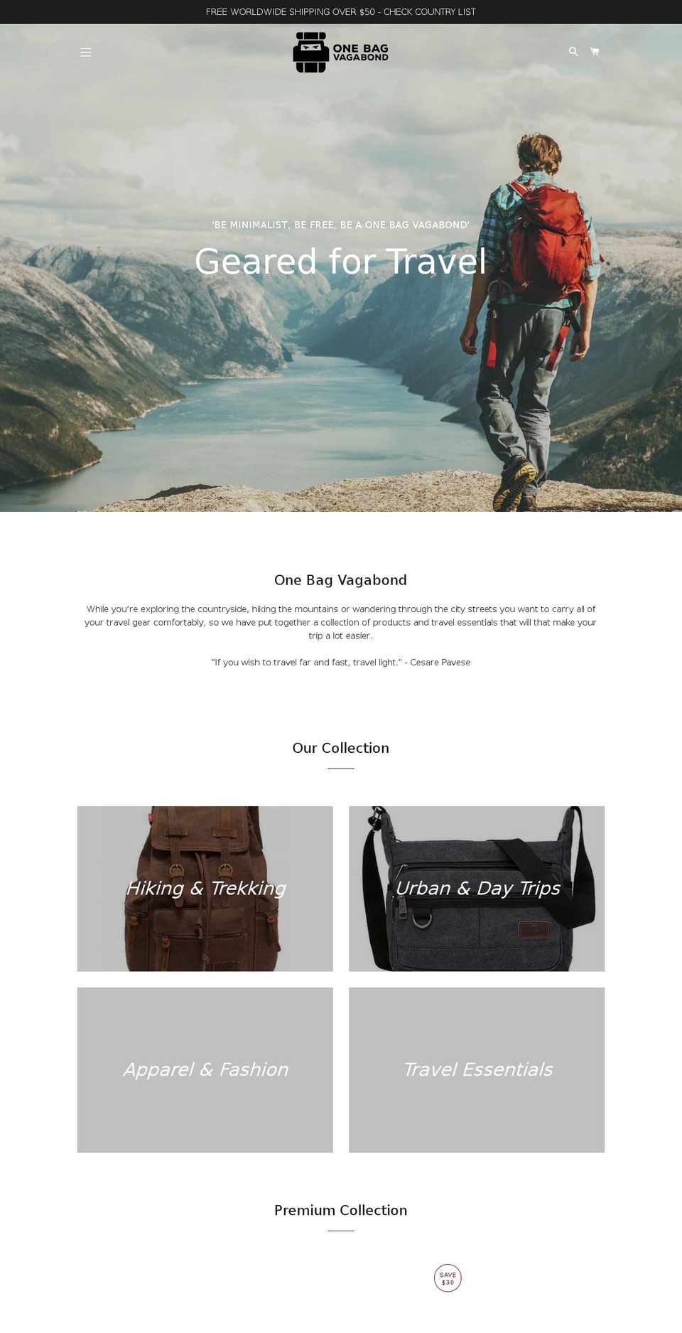 onebagvagabond.myshopify.com shopify website screenshot