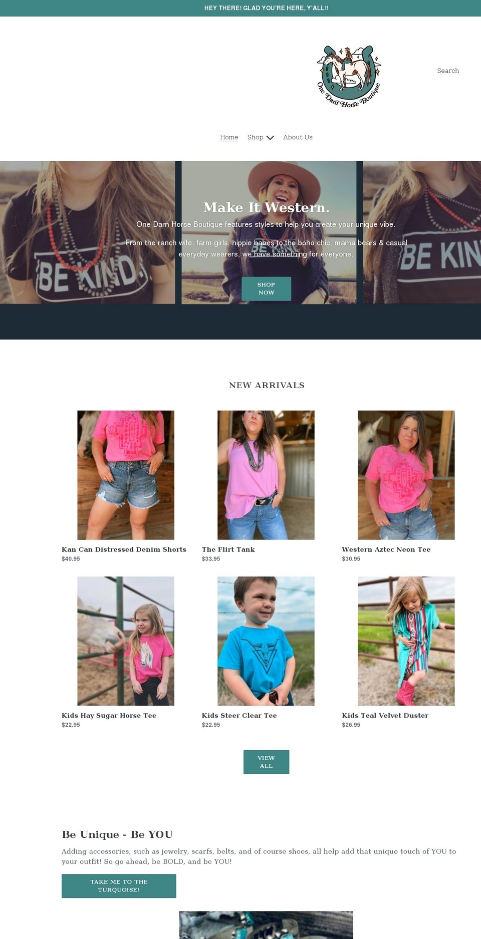 onedarnhorseboutique.com shopify website screenshot