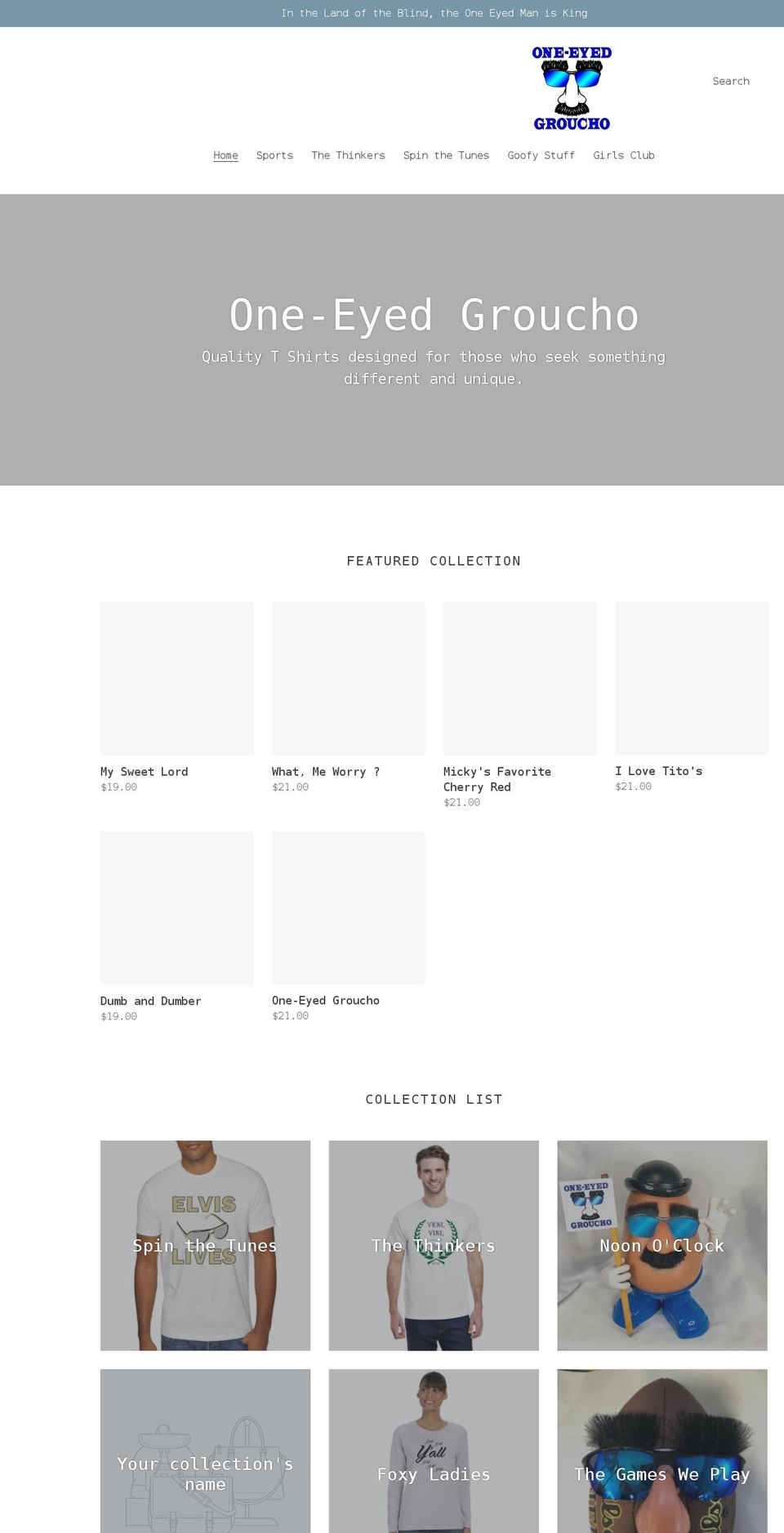 oneeyedgroucho.com shopify website screenshot