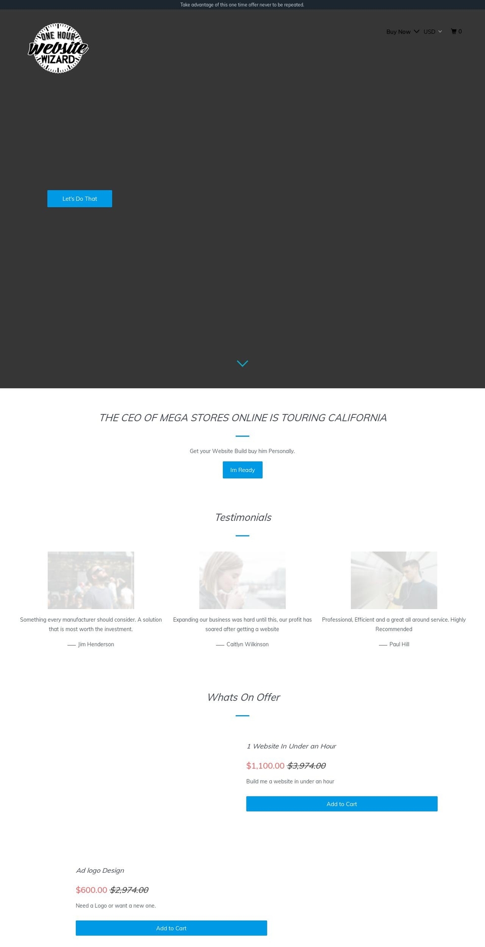 onehourwebsitewizard.com shopify website screenshot