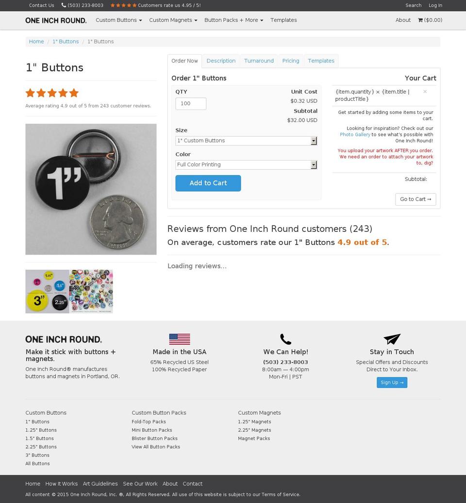 One Inch Round Shopify theme site example oneinchbuttons.com