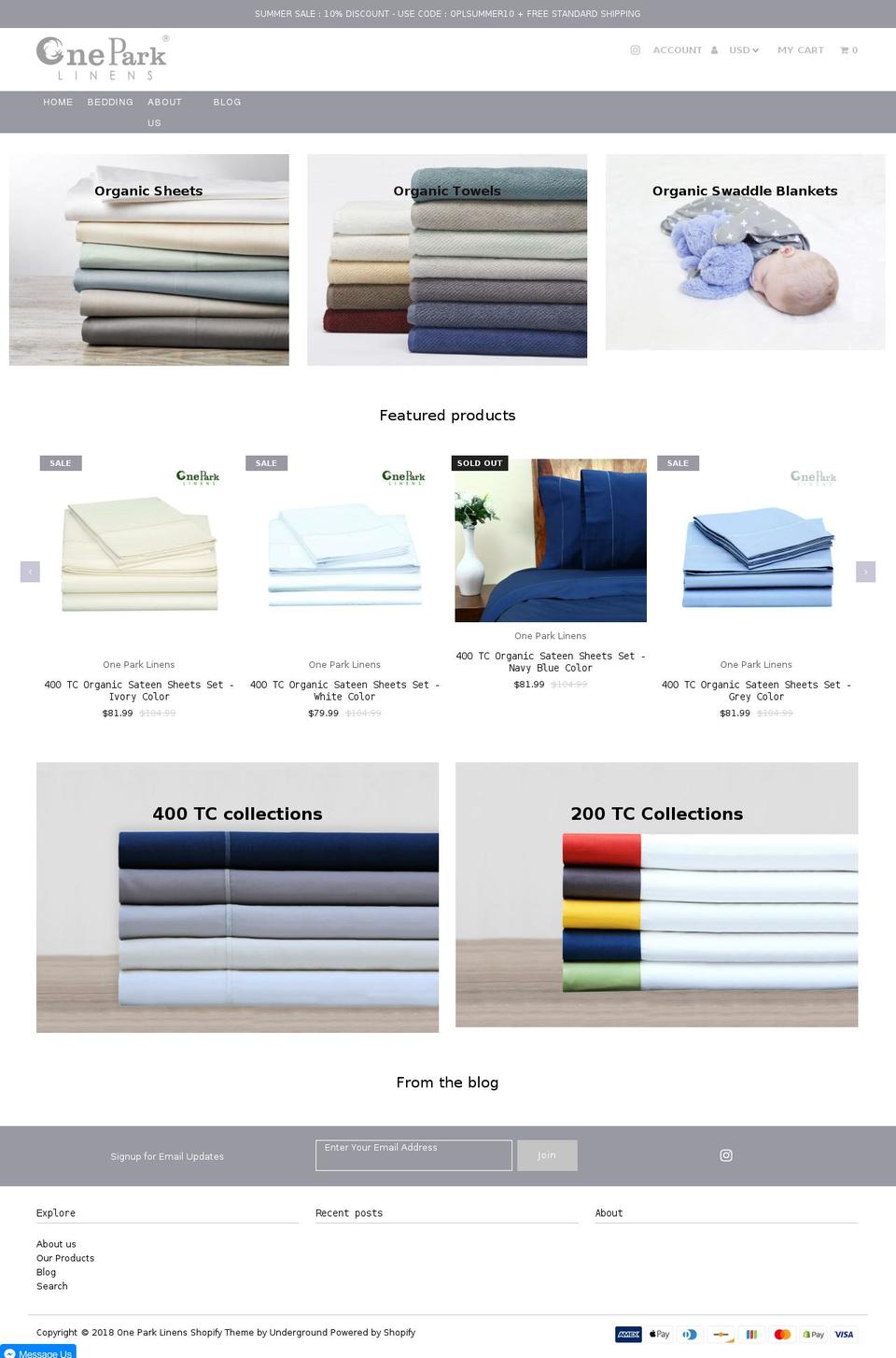 oneparklinens.com — Shopify storefront screenshot