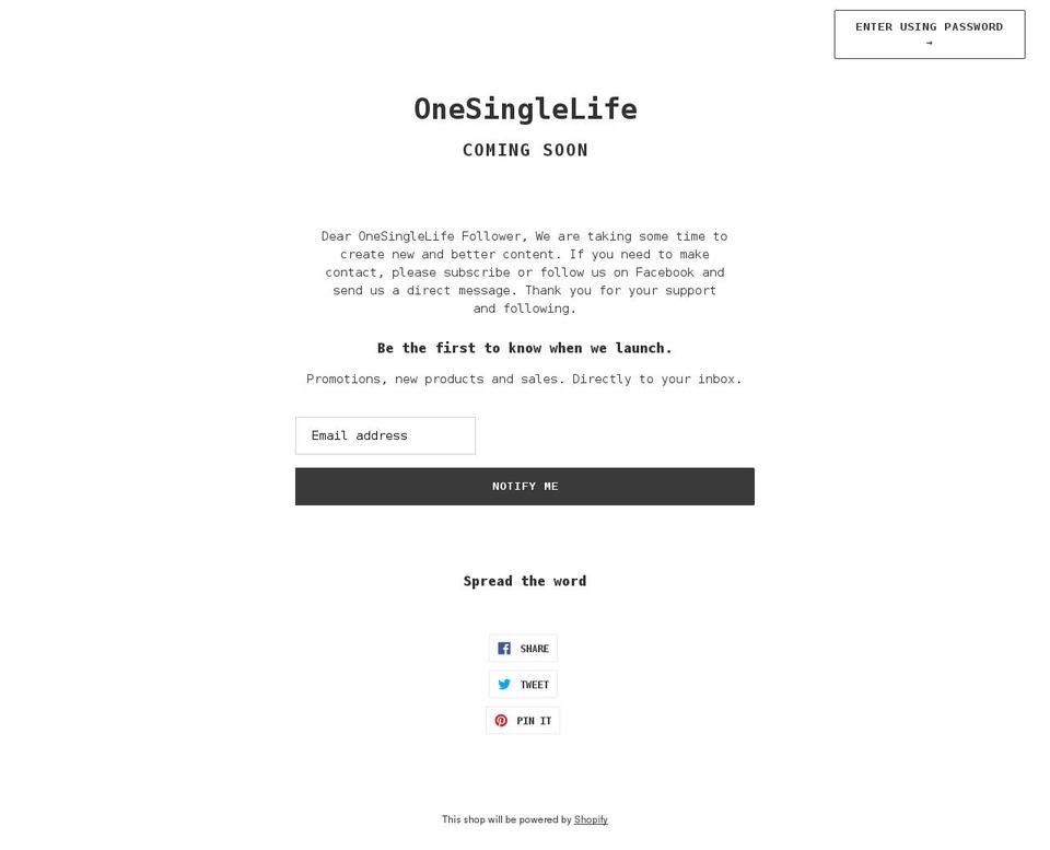 onesinglelife.com shopify website screenshot