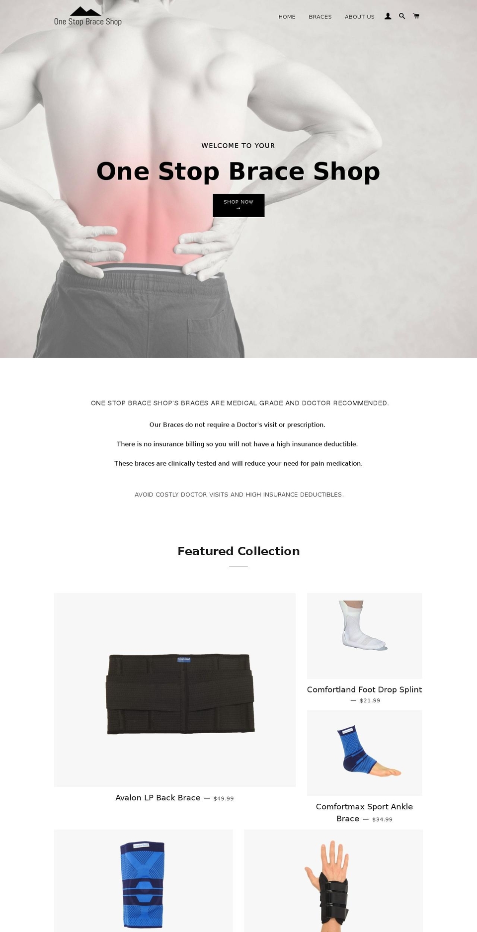 onestopbraceshop.com — Shopify storefront screenshot
