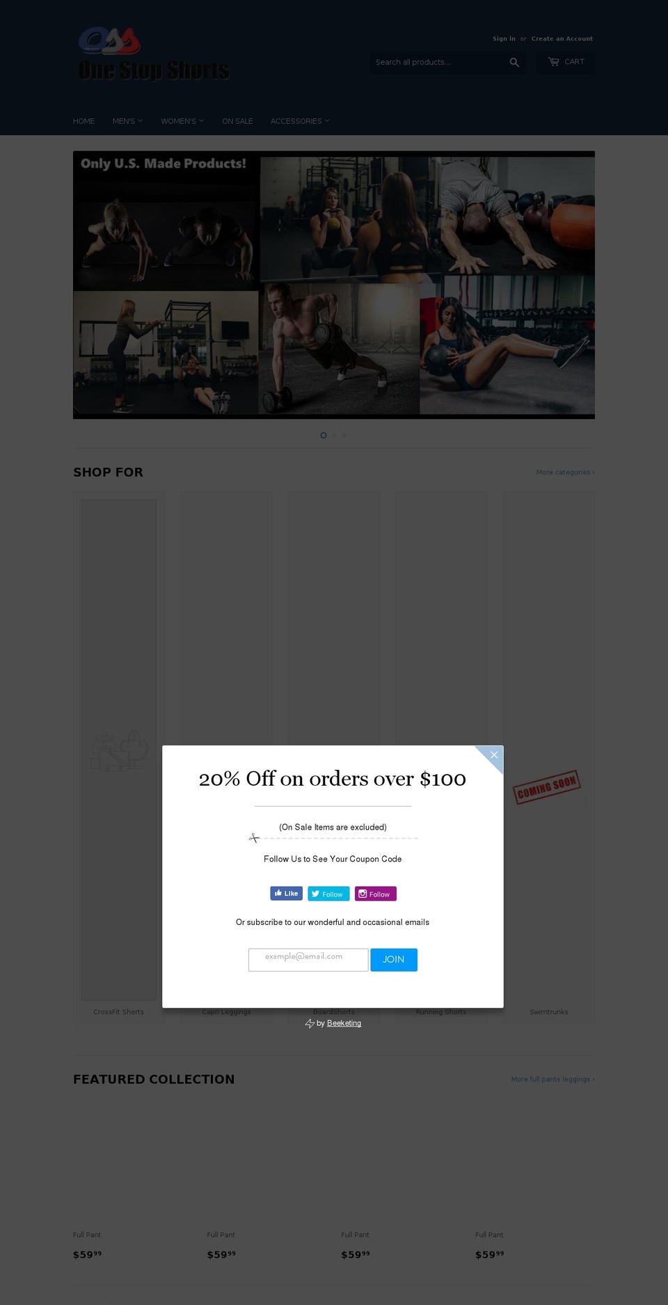onestopshorts.com shopify website screenshot