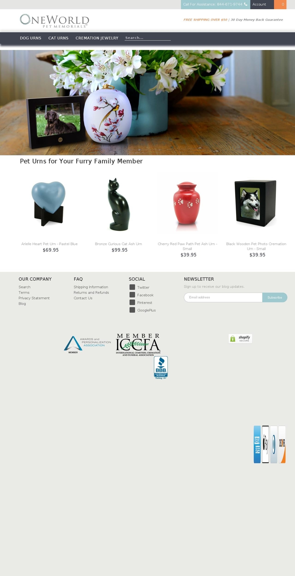 oneworldpetmemorials.com shopify website screenshot