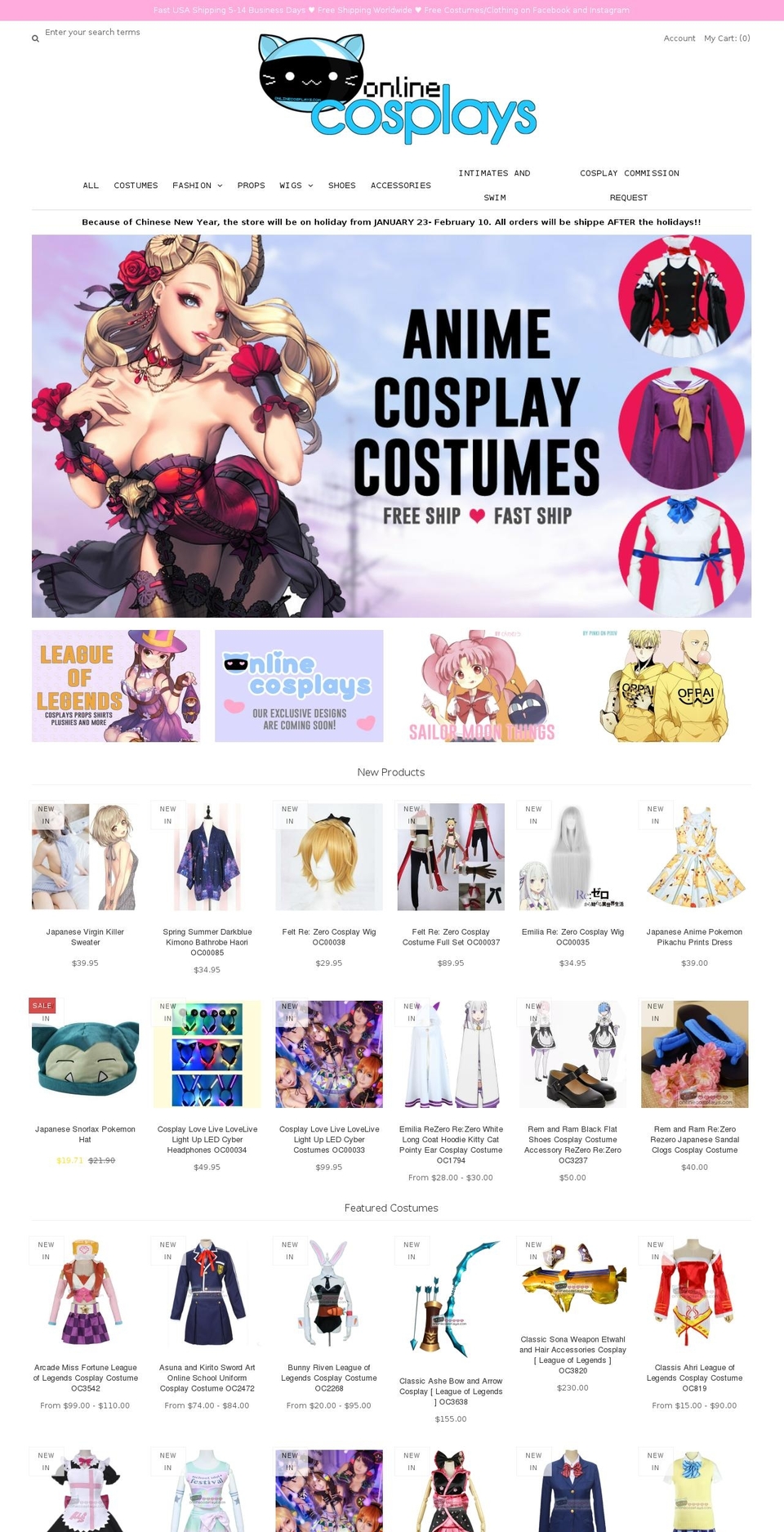 onlinecosplays.com shopify website screenshot