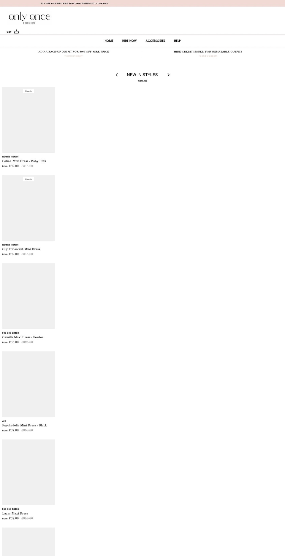 onlyoncedresshire.com shopify website screenshot