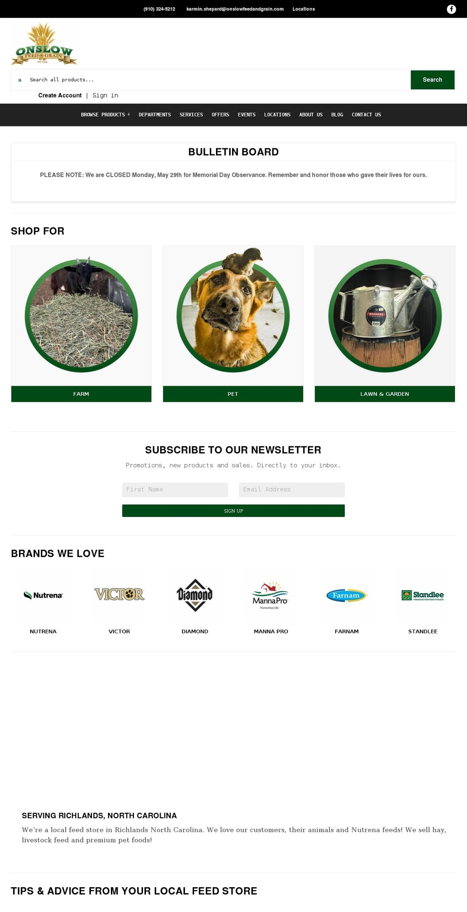 Nucleus Shopify theme site example onslowfeedandgrain.com