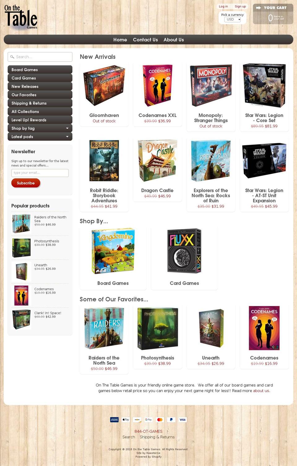 onthetablegames.com shopify website screenshot