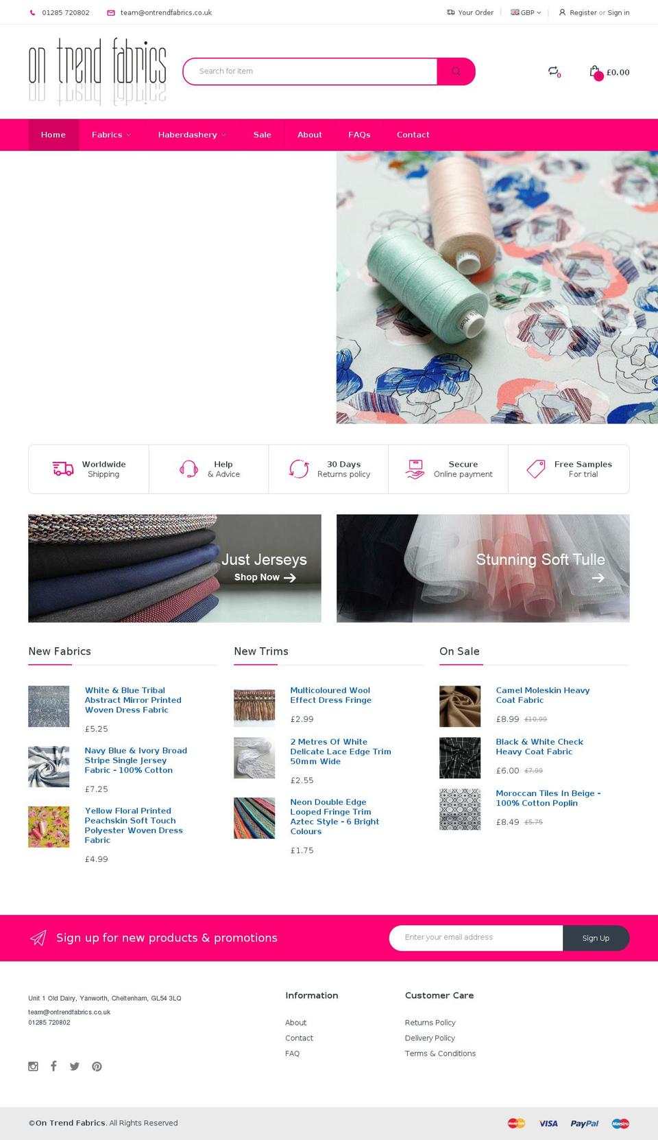 ontrendfabrics.co.uk shopify website screenshot