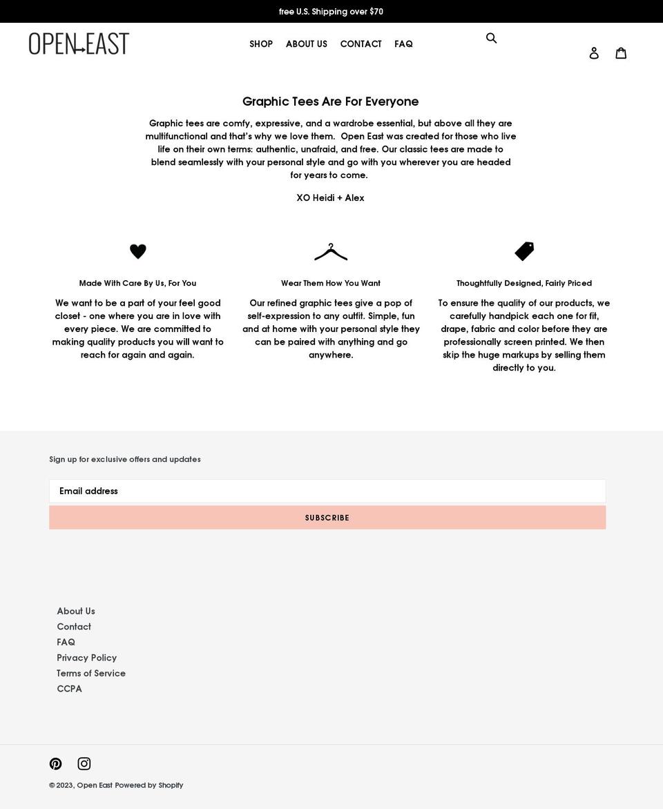 openeastapparel.com shopify website screenshot