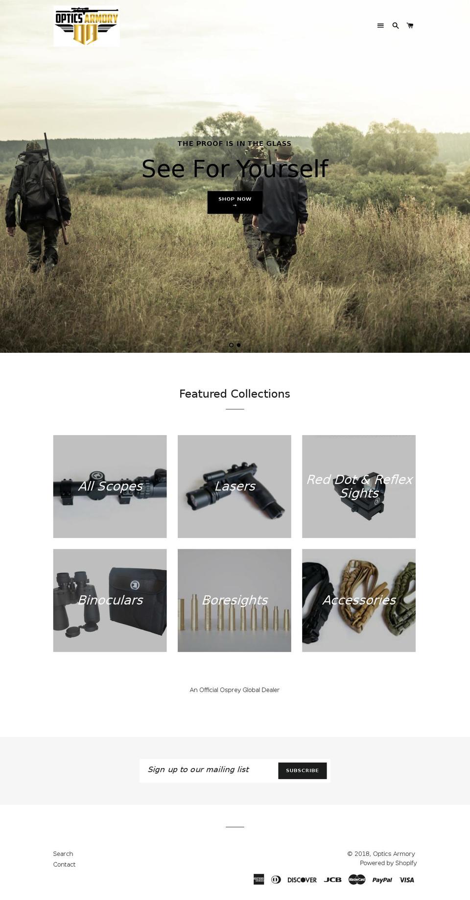 opticsarmory.com shopify website screenshot