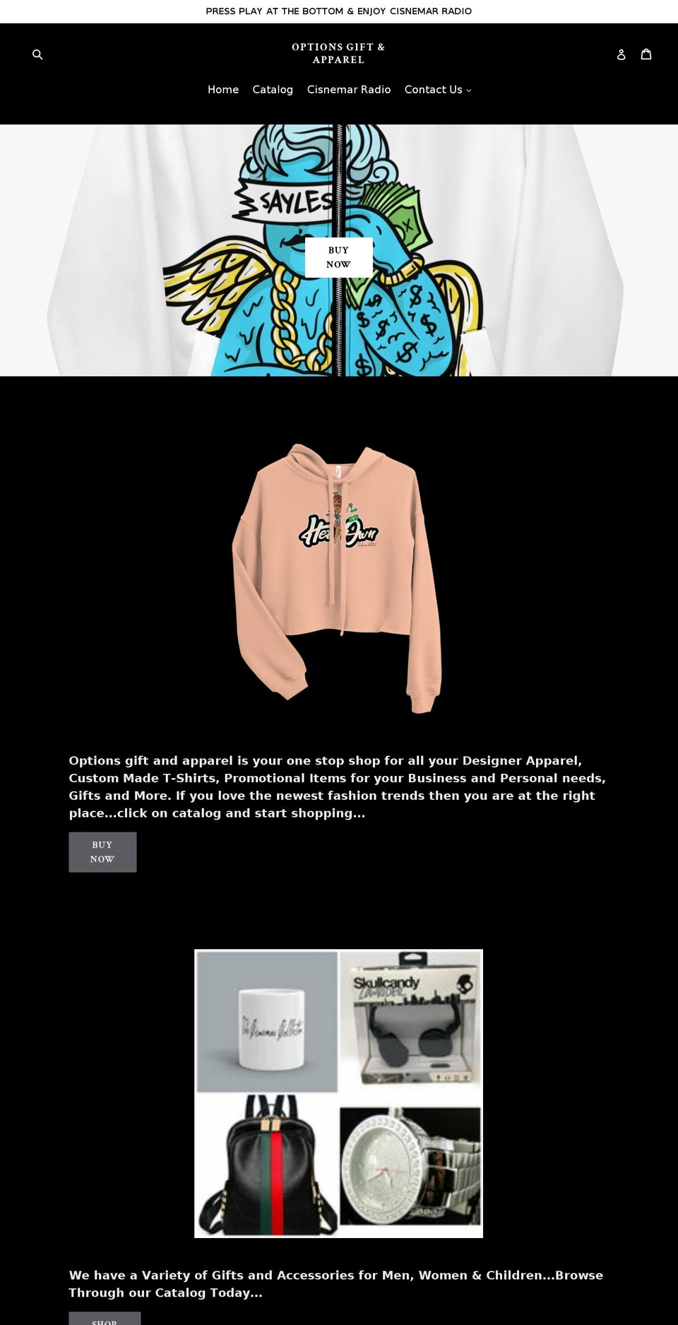 optionsgiftandapparel.com — Shopify storefront screenshot