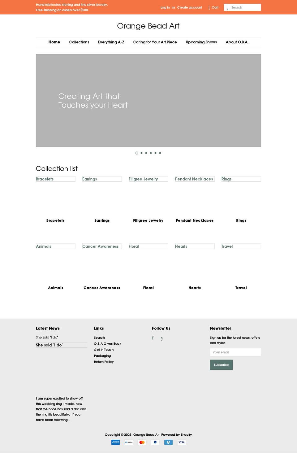 orangebeadart.com shopify website screenshot