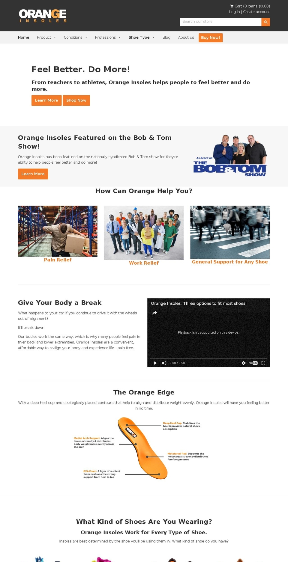 orangeinsoles.com shopify website screenshot