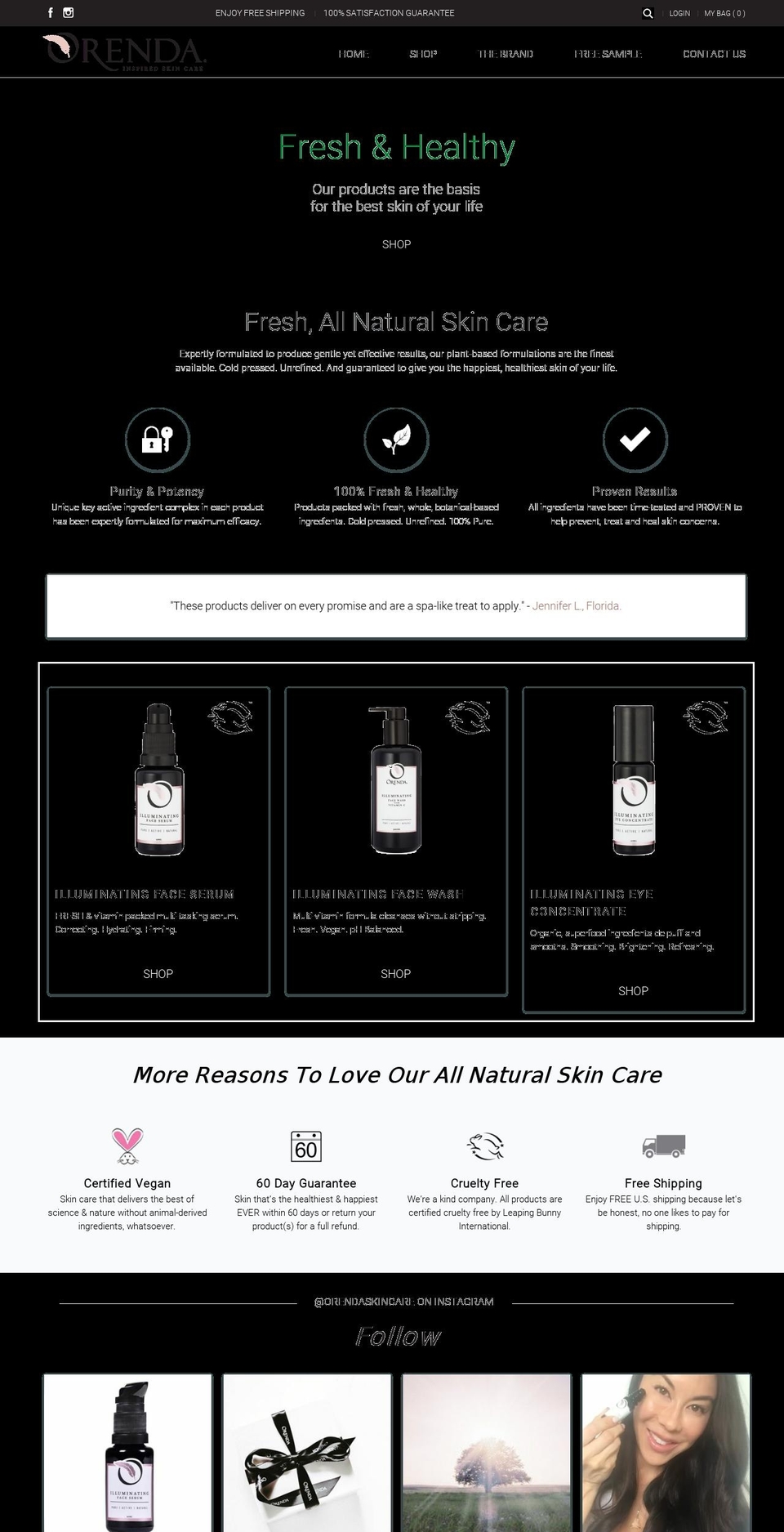 orendaskincare.com shopify website screenshot