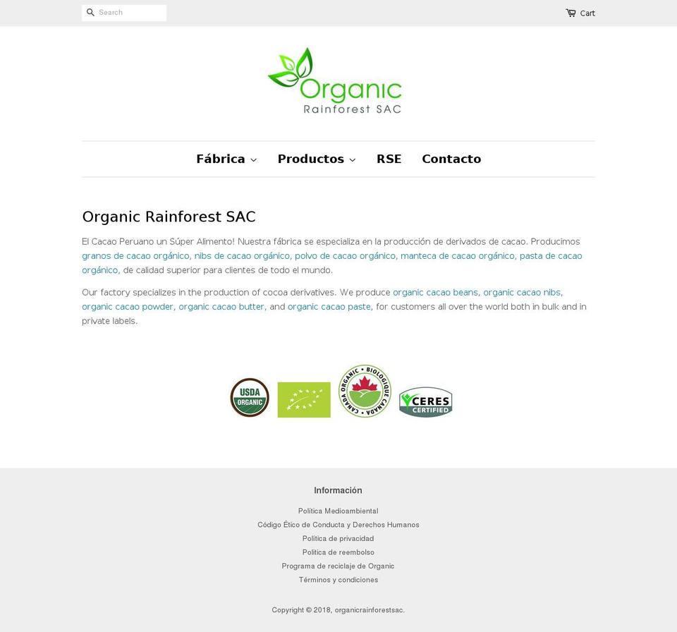 organicrainforestsac.com shopify website screenshot