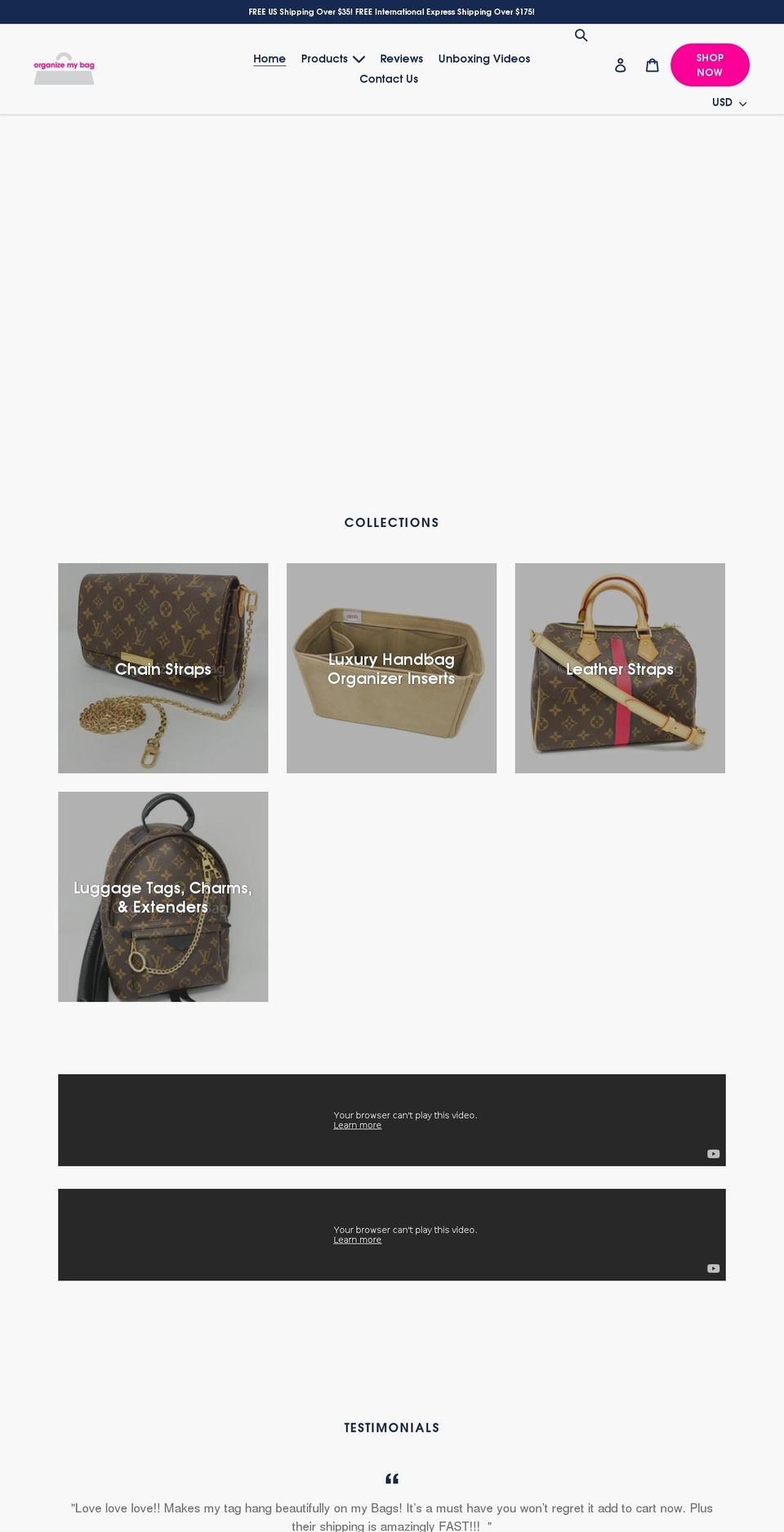 organizemybag.com shopify website screenshot