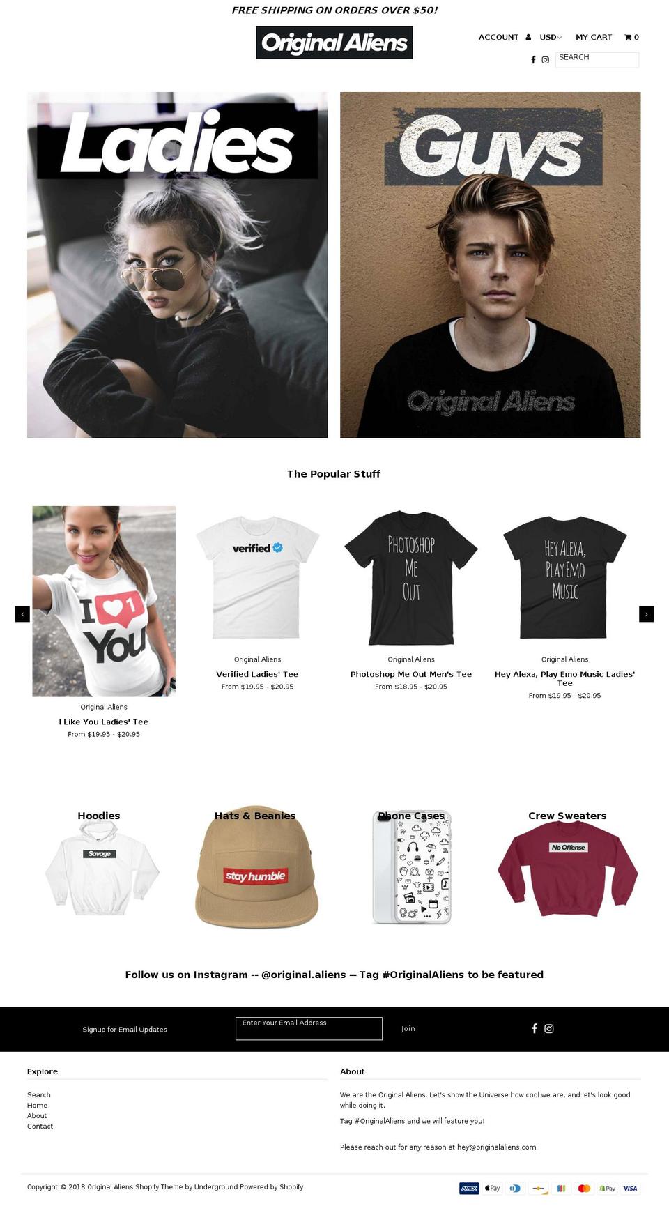 originalaliens.com — Shopify storefront screenshot