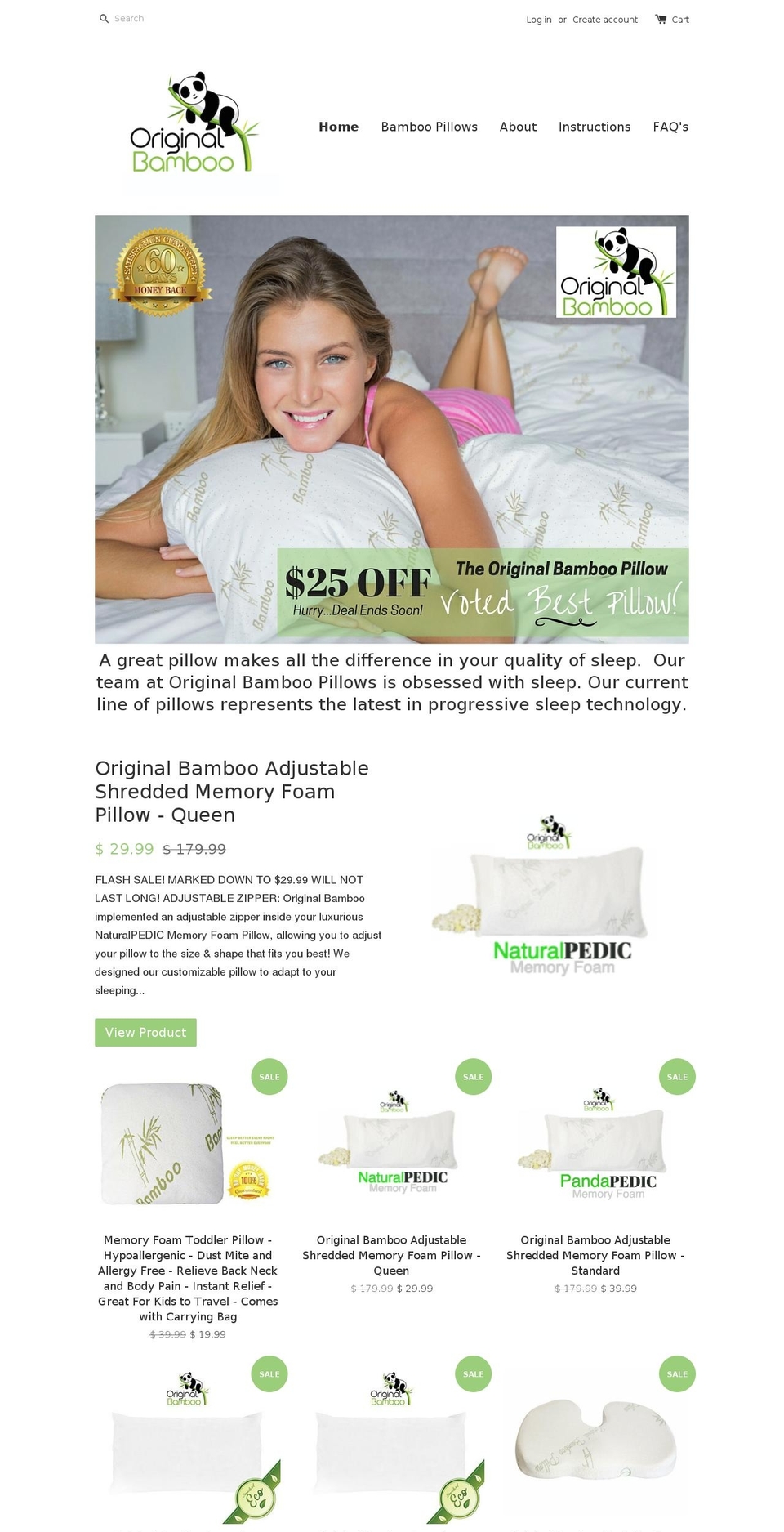 originalbamboopillows.com shopify website screenshot