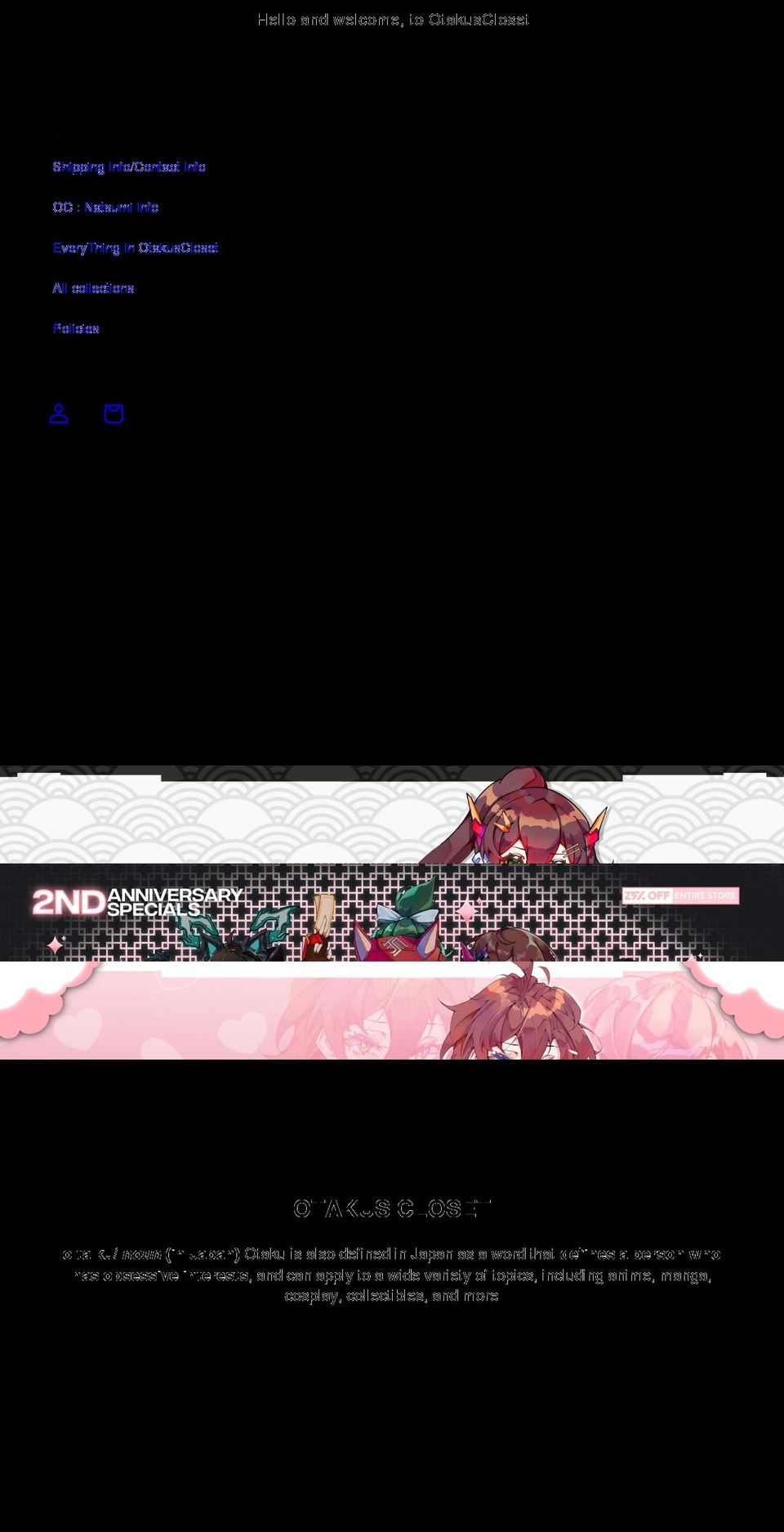 otakuscloset.com shopify website screenshot