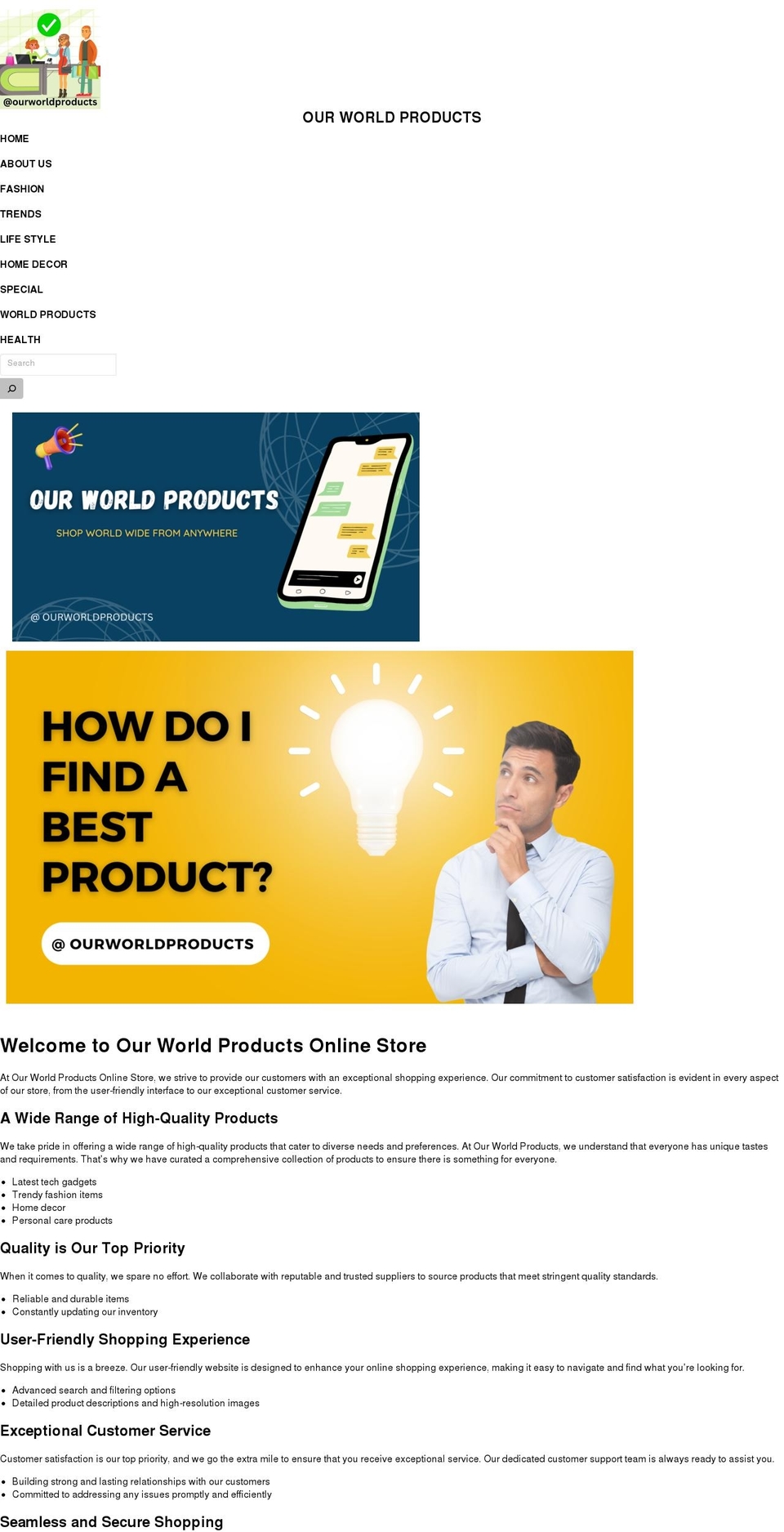 ourworldproducts.com — Shopify storefront screenshot