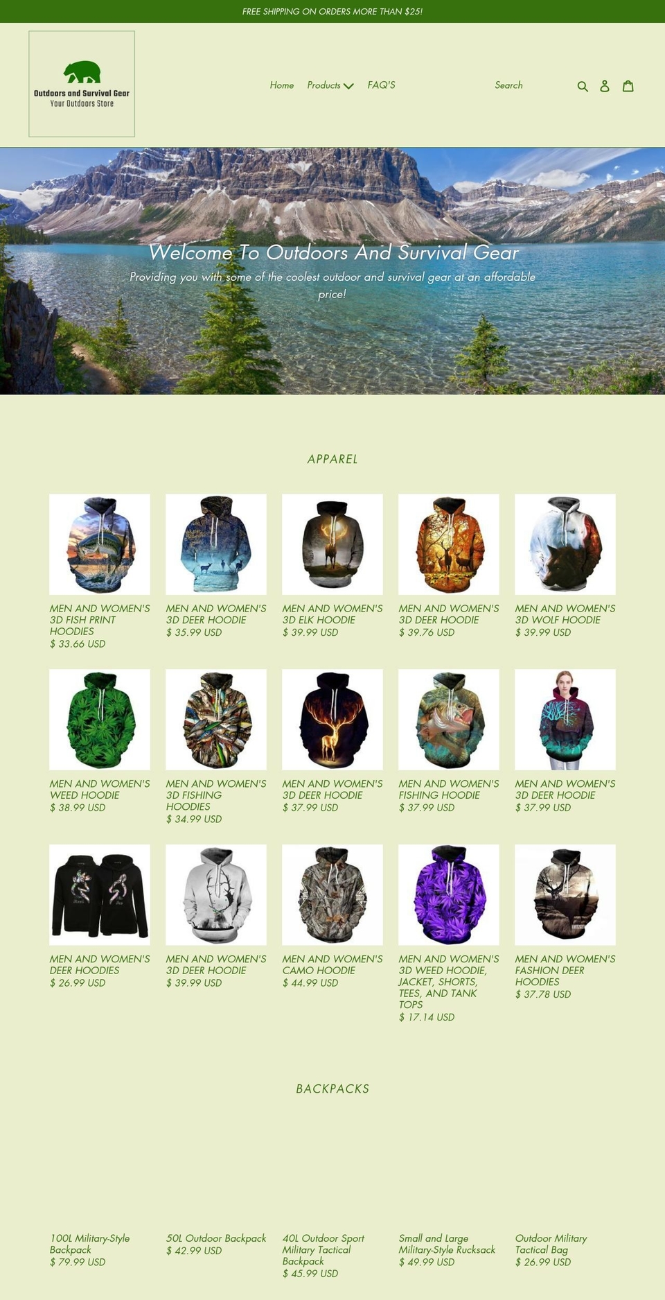 outdoorandsurvivalgear.com — Shopify storefront screenshot
