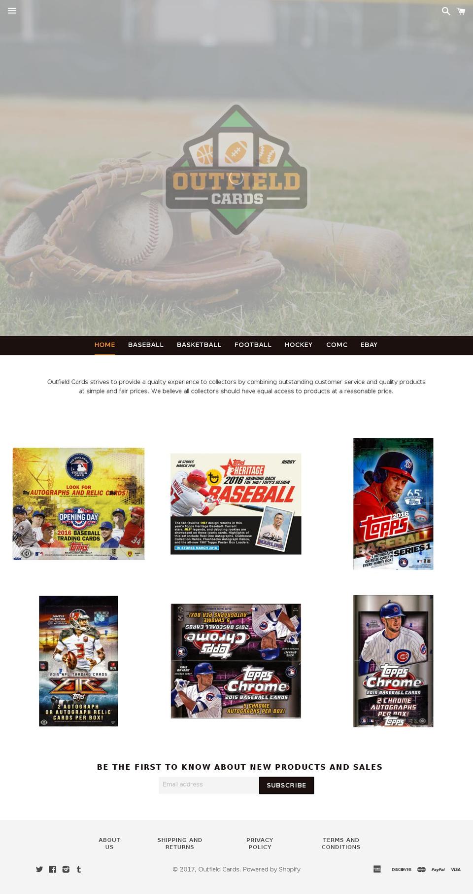 outfieldsportscards.com shopify website screenshot