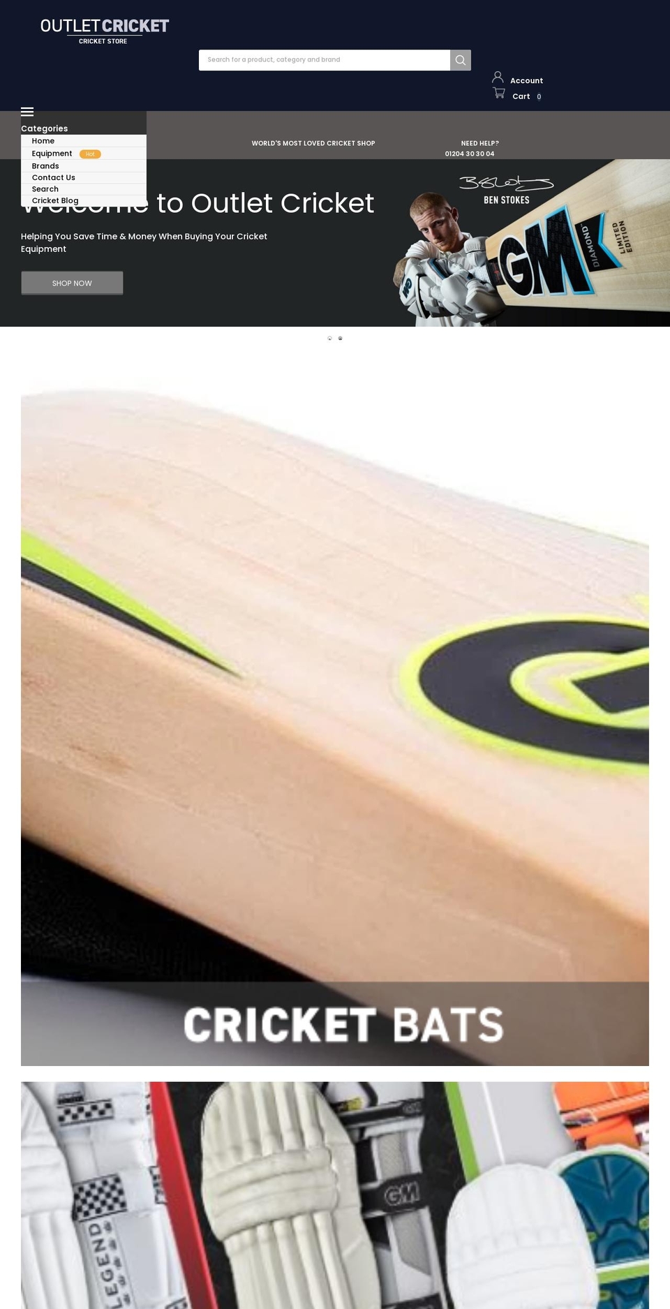 outletcricket.co.uk shopify website screenshot