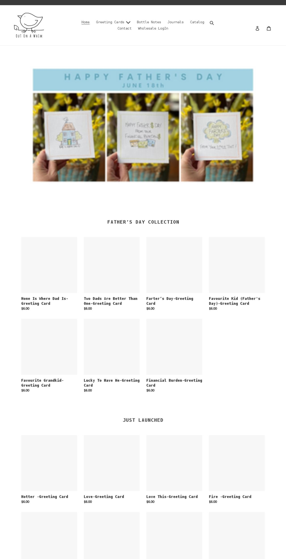 outonawhimgreetings.com shopify website screenshot