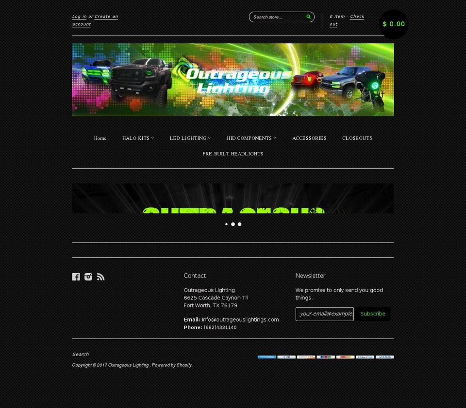 outrageouslightings.com shopify website screenshot