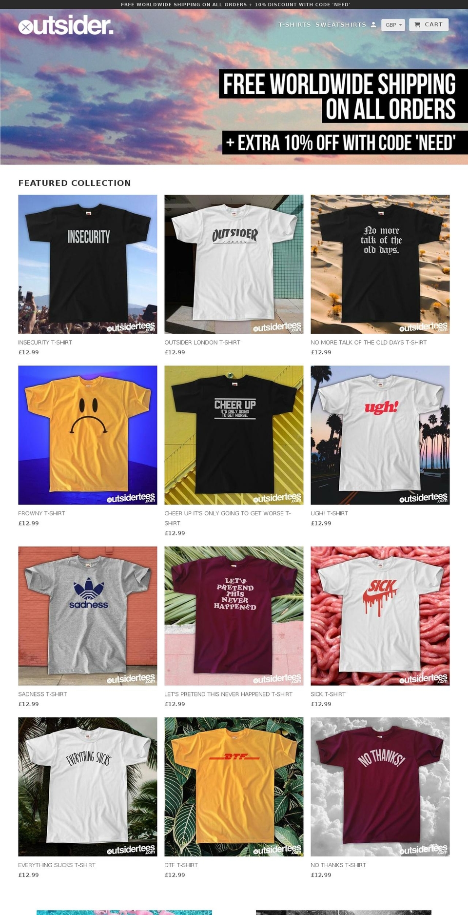 outsidertees.com shopify website screenshot