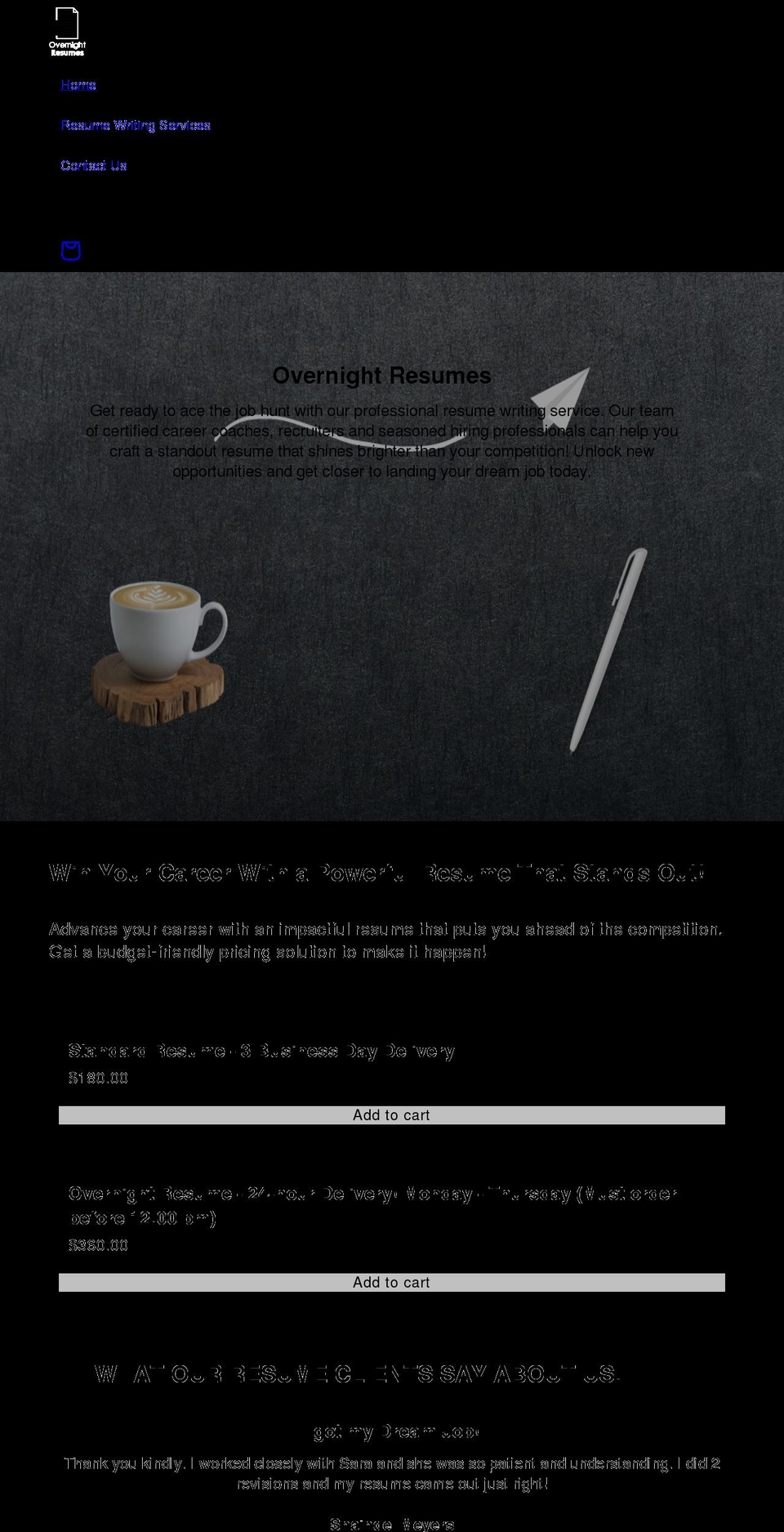 overnightresumes.com shopify website screenshot