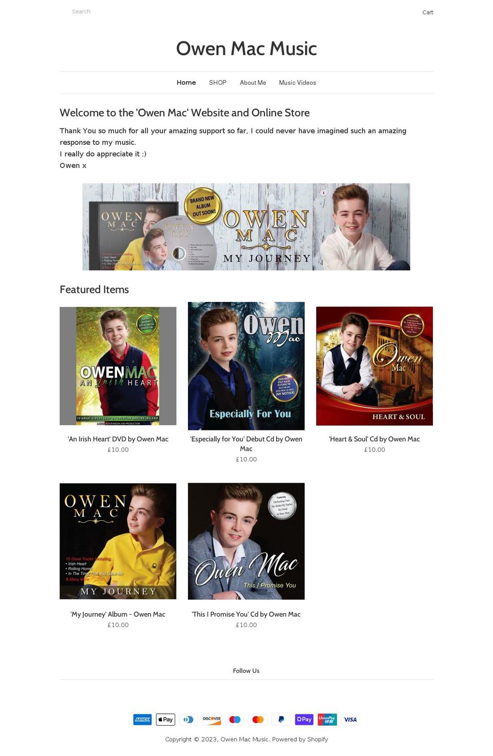 owenmacmusic.com shopify website screenshot