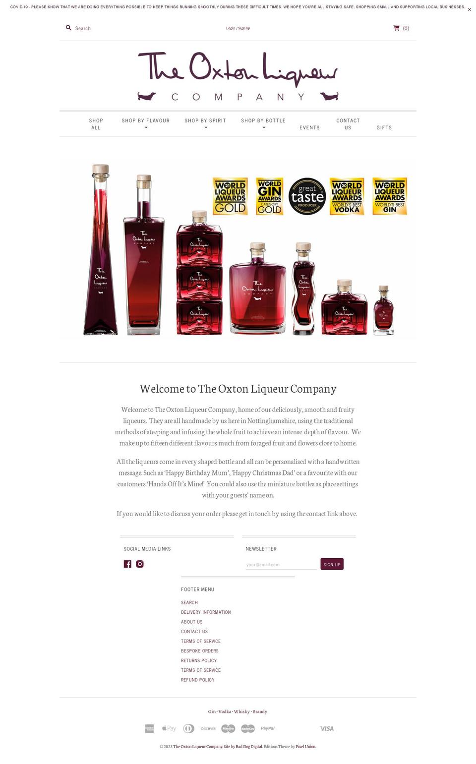 oxtonliqueurs.co.uk shopify website screenshot