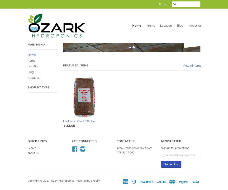 ozarkhydroponics.com shopify website screenshot