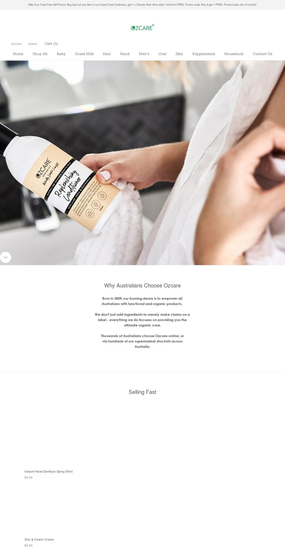 ozcareorganics.com.au shopify website screenshot