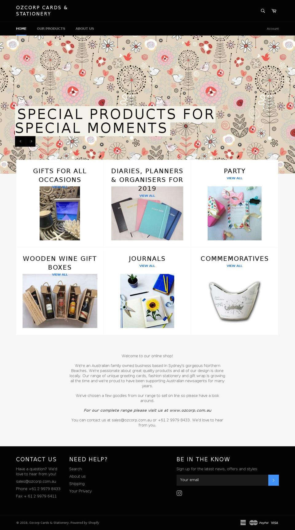 ozcorpcardandstationery.com — Shopify storefront screenshot