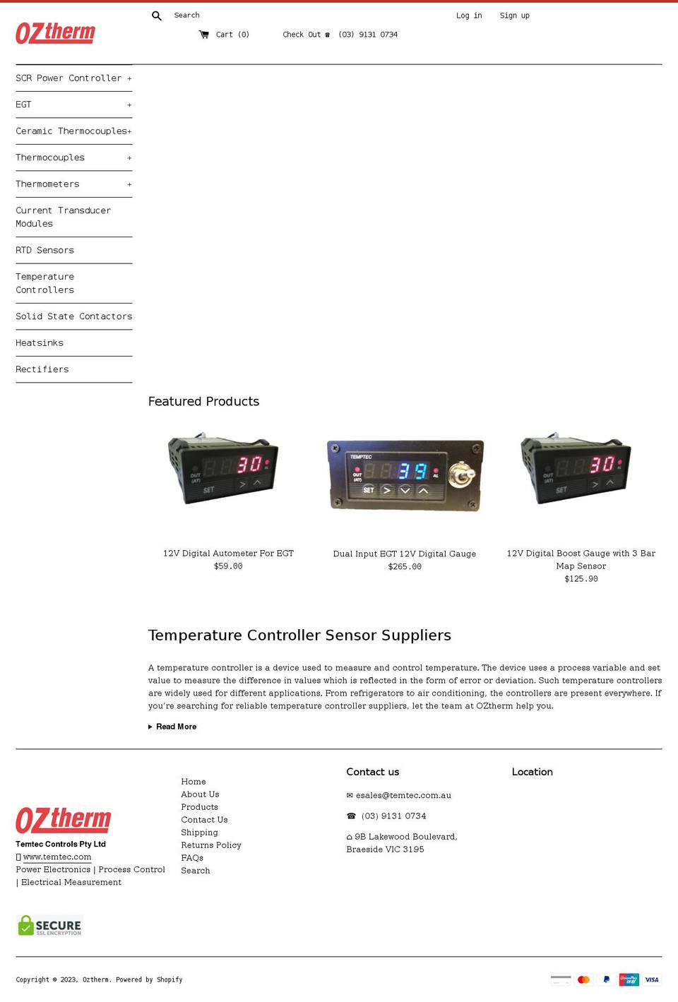 oztherm.com shopify website screenshot